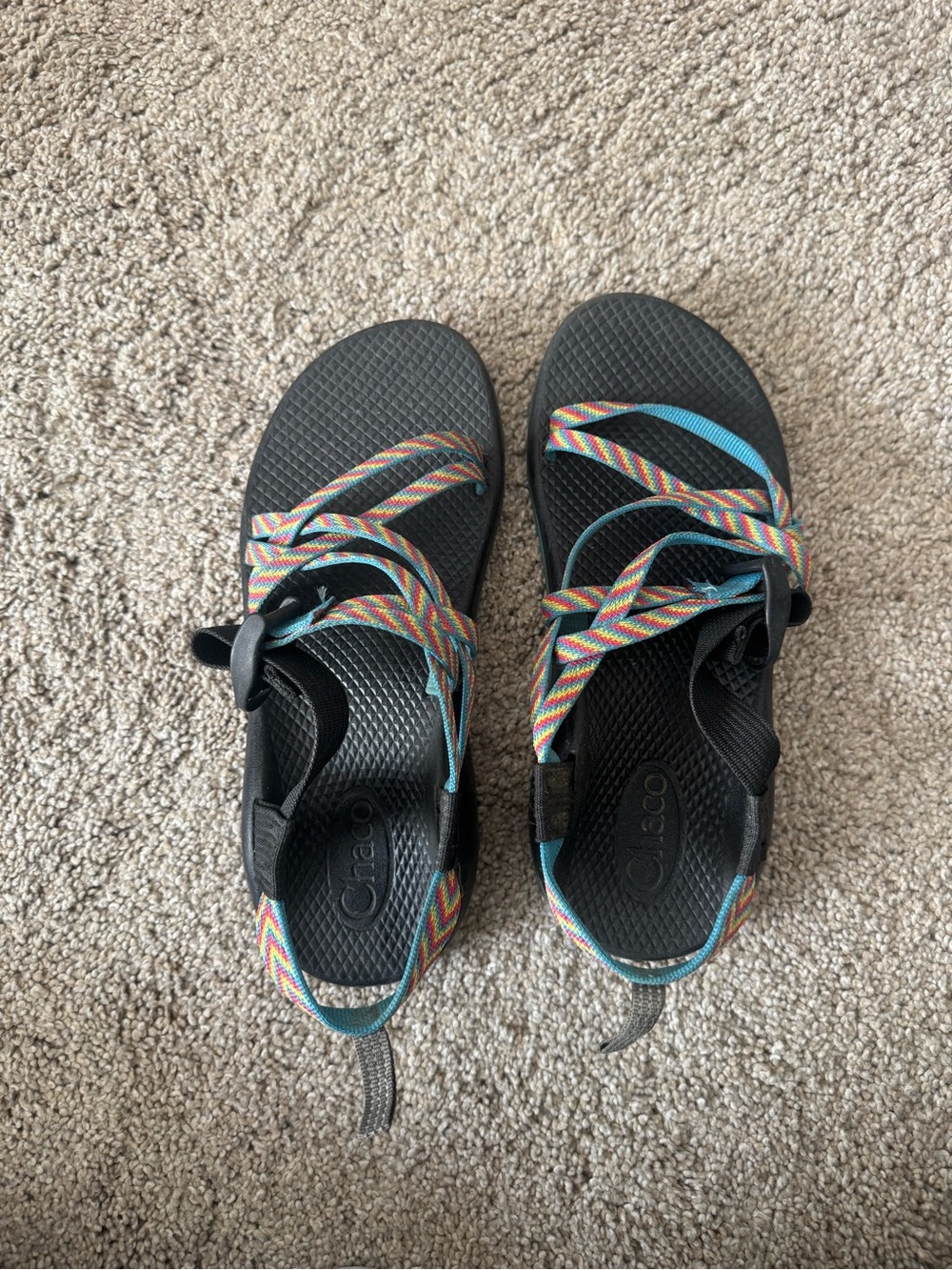 Chaco Black Sandals with Teal and Multicolor Chevron Straps